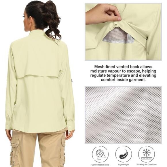 Women's UPF 50+ UV Sun Protection Safari Shirt, Long Sleeve Outdoor Cool Quick - Picture 4 of 7